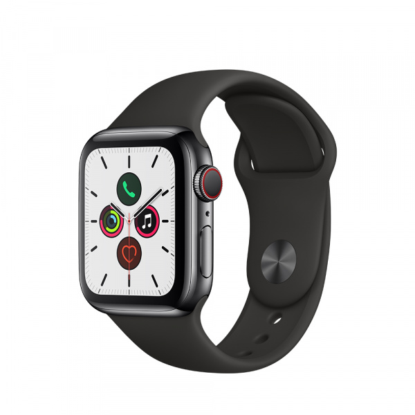 Apple Watch Series 5 GPS + Cellular 40mm Space Black S. Steel Case Black Sport Band - S/M & M/L  0